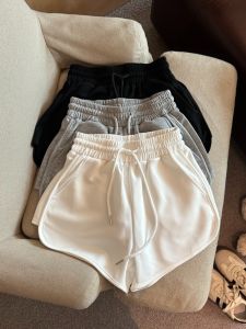 GUZILIAN | White Casual High Waist Wide Leg Pants Womens Summer Elastic Waist Arcuate Hemline American Style Short Shorts Hot Girl