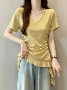 Glittering Rhinestones V-Neck Short Sleeve Slimming Ruffle Peplum Top