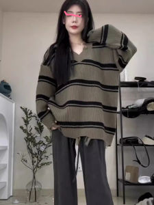 Best Selling Idle Style Chic Fringed Sweater Tops Women Fall and Winter New Arrival Loose Stripes V-neck Pullover Sweater Women