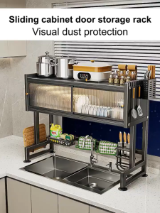 COHF Carbon Steel Over Sink Shelf Sliding Dustproof Door Dish Drying Rack | Rust-Proof Dish Rack | Multi-Functional Kitchen Sink Storage Organizer