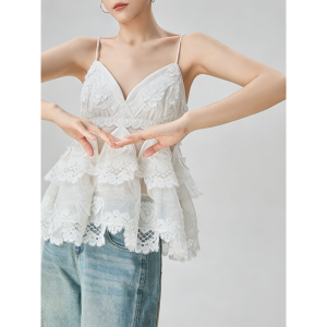 GULILI | White Linen Lace Hollow Out Cinch-Waist Camisole Top Summer
