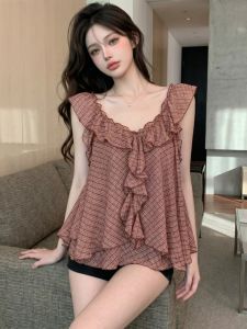 GUZILIAN | Soft V-Neck Loose Sleeveless Top Pink Plaid