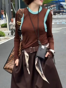 Long Sleeve T-Shirt Women Early Autumn Simple Fashion Solid Color Inner Wear Overhead Base Top Splice Color Block Design