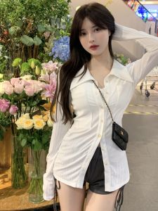 Áo Sơ Mi Trắng Dài Tay Nữ Thu Xuân Mùa Hè Thiết Kế Thắt Eo Thon Gọn Phong Cách Hàn Quốc Cổ Polo Dài Thường