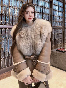 Haier Ning Womens Fur Coat Fox Fur Collar Genuine Lamb Fur Waist Belt Slimming Mid-Length Leather And Fur Integrated Outerwear