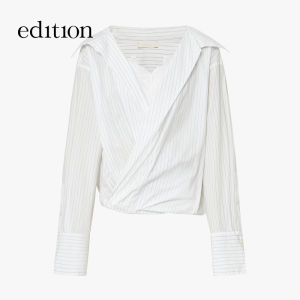Elite Wardrobe Series Spring New Lace Splicing Stripe Shirt Cotton Long Sleeve V-neck Regular Length Pure Color Edition2025