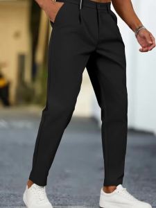 Mens Tapered Pleated Dress Pants Stretch Polyester Elastane Regular Fit Business Casual Black Beige Long Trousers