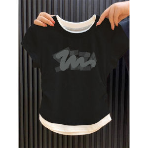 Color Block Short Sleeve Pure Cotton T-Shirt Womens Slim Fit Short Style Summer New Arrival Faux Two-Piece Waist Cinched Top