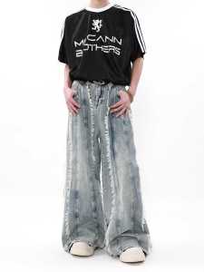 กางเกงยีนส์ทรงหลวมสไตล์อเมริกันสำหรับผู้ชายและผู้หญิง กางเกงขายาวทรงขากว้าง ดีไซน์ปักลาย ทรงหลวม ทรงหลวม ทรงหลวม