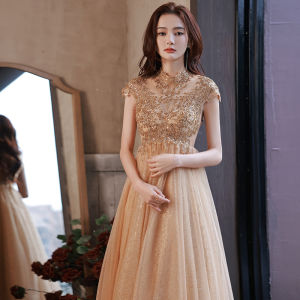 Champagne Colored Evening Gown Womens Formal Ball Elegant High Waist Short Sleeve Long Dress for Pregnant plus Size Adults