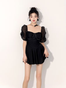 Conservative Womens One-Piece Swimsuit 2024 New Style Gathered Skirt Design Slimming Belly Covering for Hot Spring Vacation