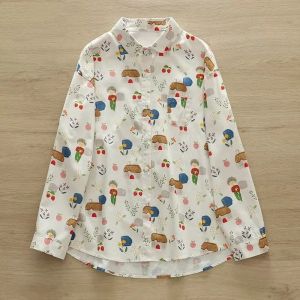 เสื้อเชิ้ตแขนยาวผู้หญิงสไตล์นักเรียนญี่ปุ่นหวานๆ น่ารักพิมพ์ลายการ์ตูนฤดูใบไม้ผลิและฤดูใบไม้ร่วงหลวมๆ คอโปโล