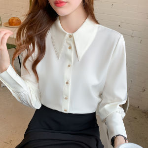 Womens Professional Business Casual White Shirt with French Collar Long Sleeves Soft Satin Fabric for Interviews and Office Work