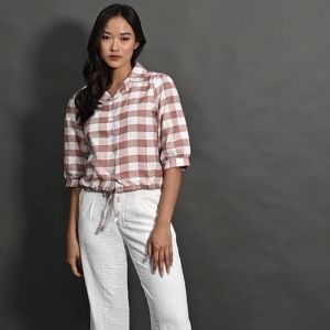QUEENTIN Kemeja Casual Wanita 0186 Katun Semi Flanel Motif Kotak Gingham Lengan Pendek 3/4