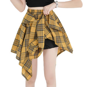 High-Waist A-Line Plaid Skirt for Women Summer Butterfly Knot Bonded Half-Length Skirt Slimming Style Casual Work Clothing