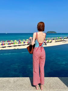 Dopamine Red Plaid Wide Leg Narrow Version Womens Summer Island Vacation Casual High Waist Pants Retro Style Commute Pocket