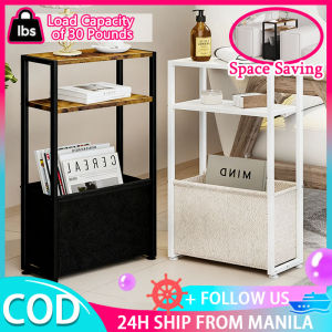 Narrow Side Table With Storage Shelf 3 Layers Bedside Table Fabric Basket Organizer Wooden Storage Basket Bathroom Shelf Organizer With Adjustable Feet Waterproof Space Saving For Living Room Bedroom Kitchen