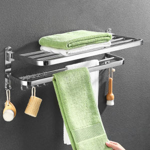 Stainless Steel Towel Rack Shelf Wall Mount Folding Towel Shelf with 2 Towel Bars