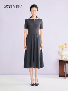YINER | Elegant Age-reducing Color-blocking Half Zip-up Sailor Collar Interwoven Dress