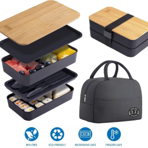 Japanese Style Wheat Straw Lunch Box Double Layer Bamboo Lid Food Container With Utensils For Office Picnic Travel