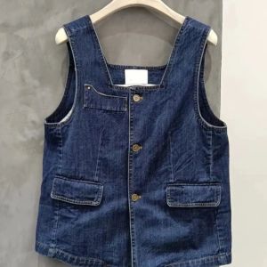 เสื้อกั๊กยีนส์แบบสวมสำหรับผู้หญิง ฤดูใบไม้ผลิและฤดูใบไม้ร่วง สไตล์อเมริกันย้อนยุค เสื้อกั๊กทำงานอเนกประสงค์ เสื้อผ้าทำงาน