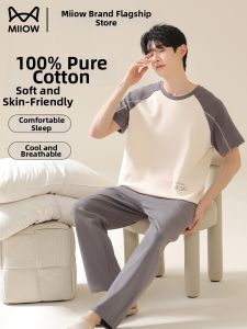 MiiOW | Bộ Đồ Ngủ Mùa Hè Bằng Cotton Áo Tay Ngắn Quần Dài Mỏng