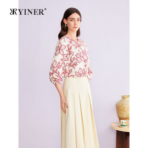 Fashion Elegant Art Print Silky Embroidered Round Collar Shirt