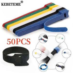 KEBETEME ตัวป้องกันเทปม้วนสายเคเบิลที่เก็บสายแบบนิ่มสายเคเบิลจัดระเบียบสายผ้าไนลอนแบบมีกาวในตัว50ชิ้นสำหรับที่รัดสาย
