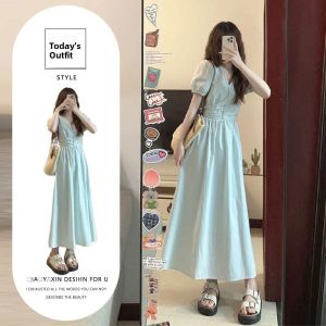 Blue French Style V-Neck Puffy Sleeve Dress Womens Summer 2025 New Waist-Cinching Slimming Long Dress Tea Break A-Line Skirt