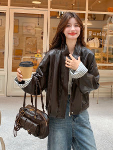 Caramel American Retro Street Style Sweet Cool Leather Jacket Womens 2025 Autumn New Motorcycle Style Versatile Leather Jacket