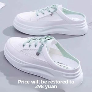 Casual Thick Bottomed Slip-On Shoes Womens Breathable Mesh Slipper Flat Bottomed Leather Sandals Cross Buckle round Toe Summer Flats