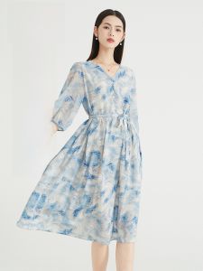 MY TENO | Summer New V-neck Printed Dress High Waist Long Slimming French Vacation Style My Tenno Belted Polyester Fiber Printed Dress