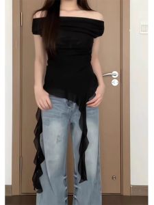 American Retro off-Shoulder Swing Collar Short Sleeve Womens 2024 Summer New Arrival Ruffles Asymmetrical Ribbon Hem Tops