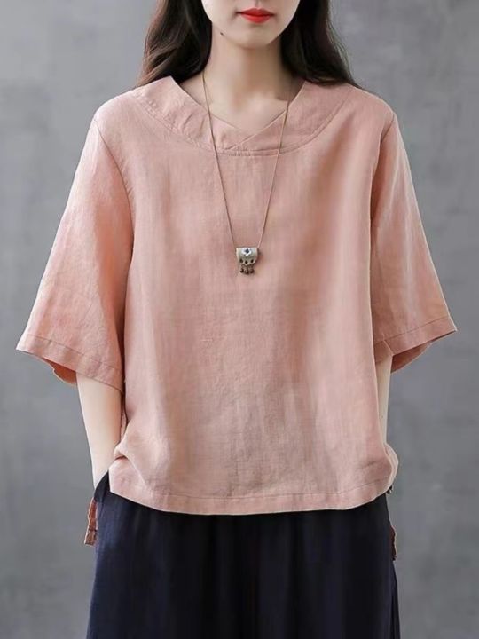 Summer 2026 Loose Cotton Linen Short Sleeve Shirt Artistic Casual ...