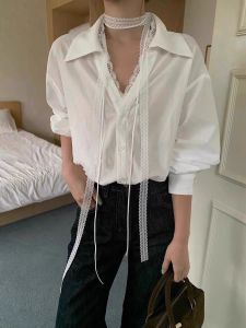 Lace Splice Long Sleeve Shirt Womens Collar Loose Top Pure Color Design Spring Autumn New Style Girls Fashion Casual Shirt