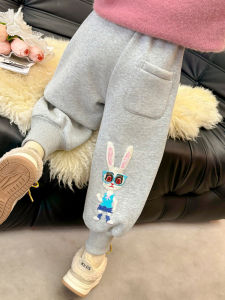 กางเกงวอร์มผ้าขนแกะปักลายกระต่ายหนาสำหรับเด็กผู้หญิง กางเกงขายาวทรงหลวมสบาย ๆ ฤดูใบไม้ร่วง/ฤดูหนาว กางเกงขายาวสำหรับเด็กผู้หญิง