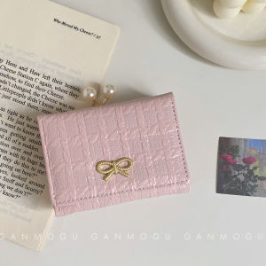French Vintage Pearl Button Clip on Wallet Short Style Gentle Butterfly Knot Girl Heart Wallet Card Holder Ins Trend Youth PU Leather