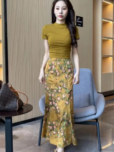 High Waist Midi Dress Retro Sunflower Print Fashionable Bodycon Skirt with Zipper for Women Spring Summer Slimming Effect