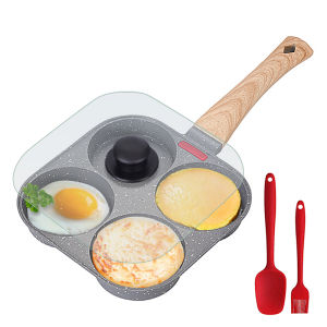 Non-Stick 4-Cup Egg Frying Pan with Flipping Lid Aluminum Pancake Egg Cooker with Spatula and Brush Burgers Omelet Cooking Pan