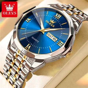 OLEVS watch for mans luminous waterproof dual calendar dial fashion business rhombus solid steel band quartz watch men