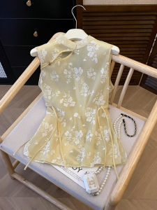 PAIBOLI | Yellow Sleeveless Stand Collar Shirt Womens Fashion Traditional Chinese Style Button Up Top Korean Loose Fit Summer 2025