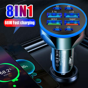 8-IN-1 66W Car Quick Charger 4USB+4PD 3.1A QC3.0 Super Fast Charging Socket Charger Type-C Phone Adapter for iPhone Samsung Xiaomi