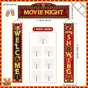 1 Set Movie Night Door Banner Vintage Theater Welcome Now Showing Porch Sign for Home Film Party Backdrop Decor