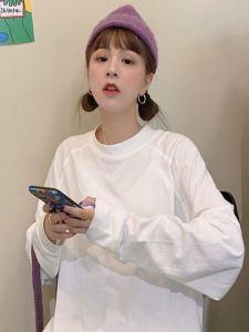 Áo Thun Cotton Dài Tay Rộng Rãi Cho Nữ Mùa Xuân Thu Đông Áo Thun Cotton Màu Trắng Tinh Khiết Mặc Trong Quần Áo Công Sở Phong Cách Hàn Quốc