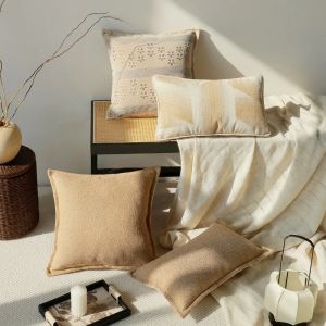 French Jacquard Lace Cushion Cover Neutral Beige Earthy Tone Striped Pillow Case Soft Cotton Textured Fabric for Cozy Home Decor