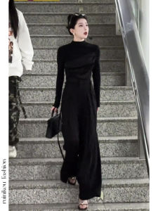 Fall Fashion High Waist Wide Leg Pants Long Sleeve T-Shirt Half High Collar Patchwork Elegant Two-Piece Set for Women