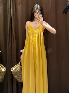 SUSIEYUAN | French Coastal Vacation Yellow Strapless Dress Women Summer New Style Beautiful Long Skirt High Waist Polyester Fiber Gown