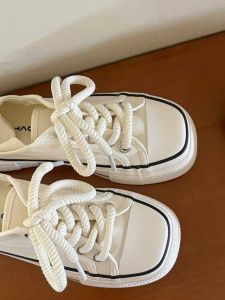 Square Toe Niche Design Thick Sole Canvas Shoes for Women 2024 New Arrival Summer Two-Way Wear Slip-on White Shoes Student Shoes