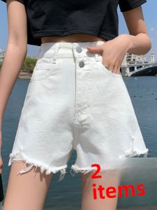 White High Waist Denim Shorts Women Summer Thin Loose Slimming Hole A-Line Wide Leg Frayed Hot Pants Thin Cotton Polyester Blend