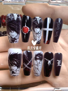 Anime Themed Wearable Nail Art Death Note Design Handmade Finished Product with Seal Layer Half Handmade Nail Tips